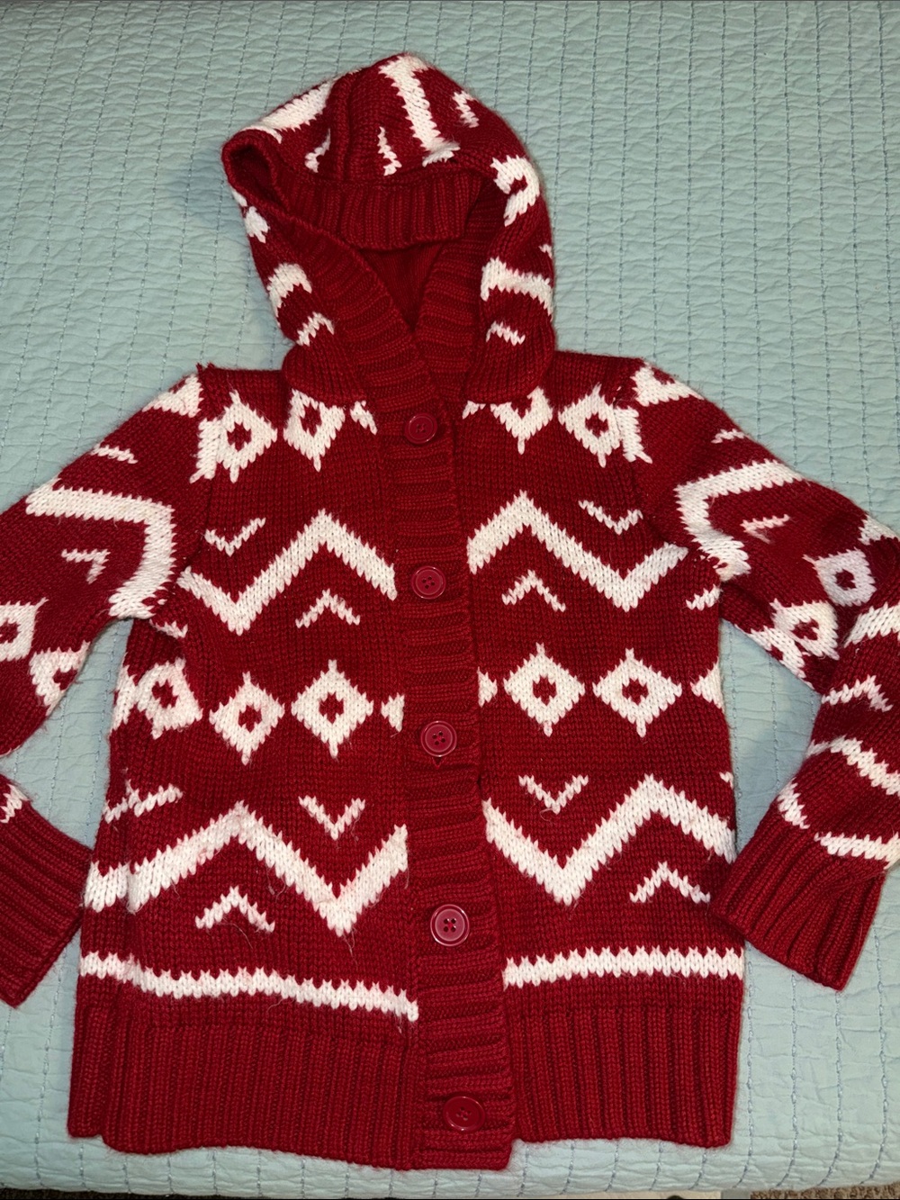 Gymboree Girls Red & White Fair Isle Button Front Hooded knit cardigan